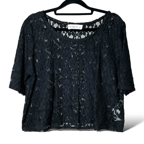 ABERCROMBIE & FITCH Cotton Black Lace Short Sleeve Crop Top US Sz L - Picture 3 of 8